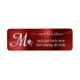 Elegant Red Brushed Metal Custom Monogram Return Etiket