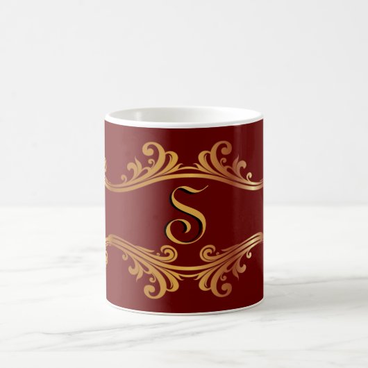 Elegant Red Burgundy Maroon Gold Monogram Initiaal Koffiemok (Center)