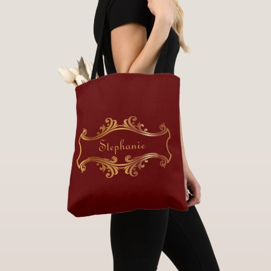 Elegant Red Burgundy Maroon Gold persoonlijke afbe Tote Bag (Dichtbij)