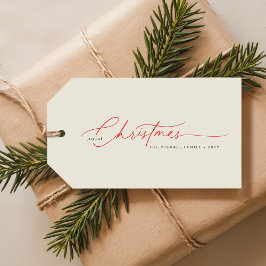 Elegant Red Calligraphy Christmas Family Name Cadeaulabel