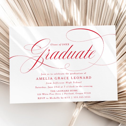 Elegant Red Calligraphy Graduation Party Kaart