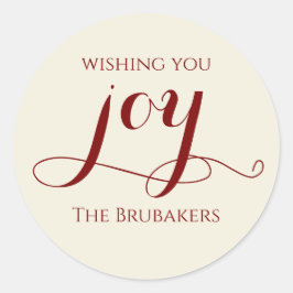 Elegant Red Calligraphy Joy Christmas Envelope Ronde Sticker