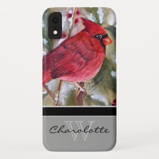 Elegant Red Cardinaal w Black Monogram Naam Case-Mate iPhone Case (Achterkant)