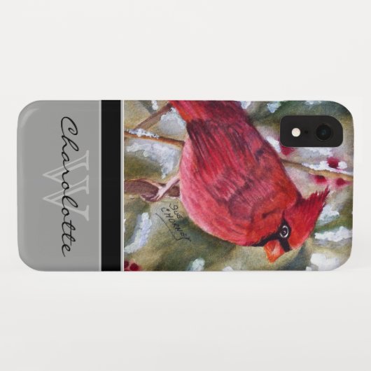 Elegant Red Cardinaal w Black Monogram Naam Case-Mate iPhone Case (Achterkant (horizontaal))