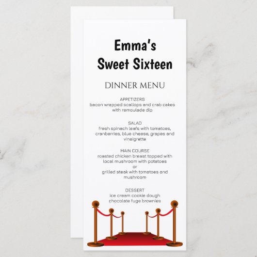 Elegant Red Carpet Hollywood Sweet 16 Birthday Menu (Voorkant / Achterkant)