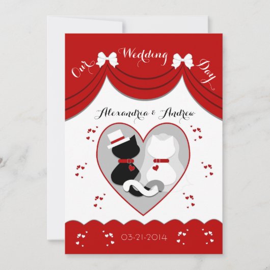 Elegant Red Cat Wedding Couple Invitations Kaart (Voorkant)
