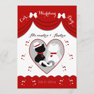 Elegant Red Cat Wedding Couple Invitations Kaart