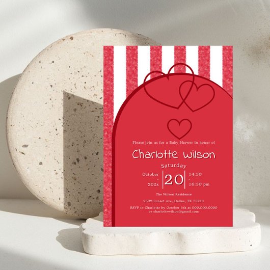 Elegant Red Chalk Stripe Triple Hearts Baby Shower Kaart