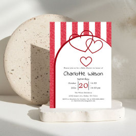 Elegant Red Chalk Stripe Triple Hearts Baby Shower Kaart