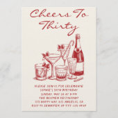 Elegant Red Cheers to Thirty Cocktail Birthday Kaart (Voorkant)