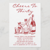 Elegant Red Cheers to Thirty Cocktail Birthday Kaart (Voorkant)