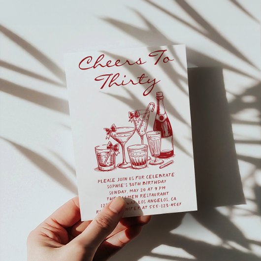 Elegant Red Cheers to Thirty Cocktail Birthday Kaart