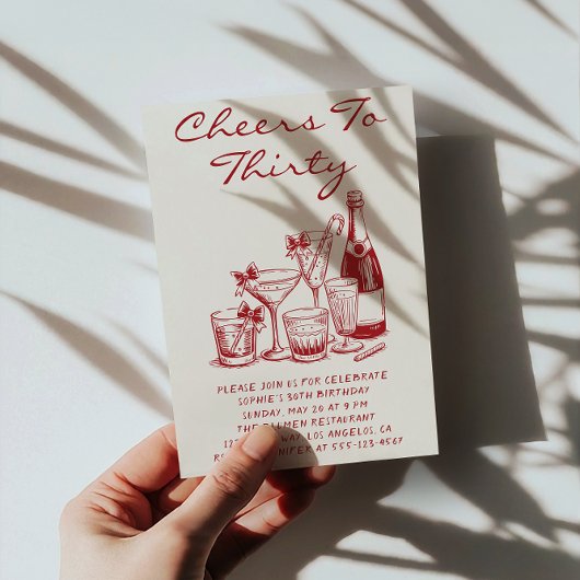 Elegant Red Cheers to Thirty Cocktail Birthday Kaart