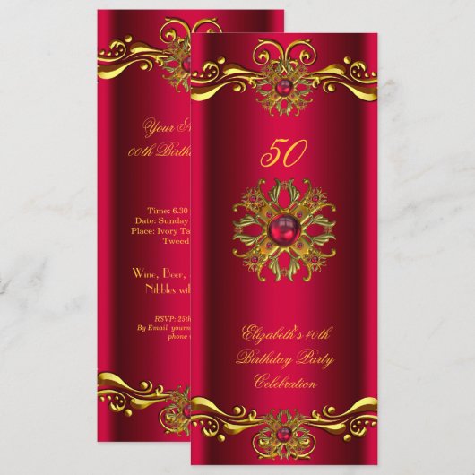 Elegant Red Cherry Jewel Gold Birthday Party Kaart (Voorkant / Achterkant)
