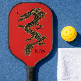 Elegant Red Chinese Gold Dragon Monogram Pickleball Paddle