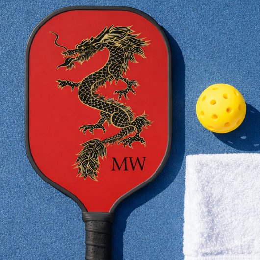 Elegant Red Chinese Gold Dragon Monogram Pickleball Paddle
