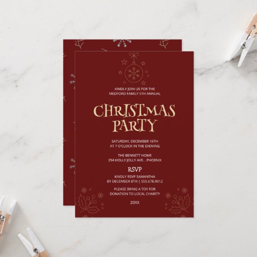 Elegant Red Christmas Party Invite Kaart (Voorkant / Achterkant in situ)