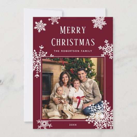 Elegant Red Christmas Snowflakes Photo Feestdagenkaart (Voorkant)