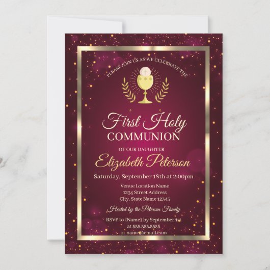 Elegant Red Confetti First Heilige Communie Kaart (Voorkant)