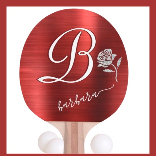 Elegant Red Custom Monogram Name Glitter Roos Tafeltennisbatje