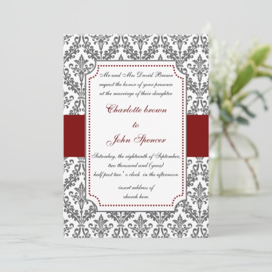 elegant red, damask bruiloft uitnodiging (Staand voorkant)