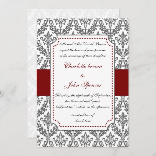 elegant red, damask bruiloft uitnodiging (Voorkant / Achterkant)