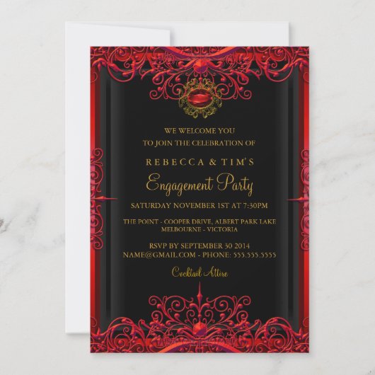 Elegant Red Damask Engagement Party Kaart (Voorkant)