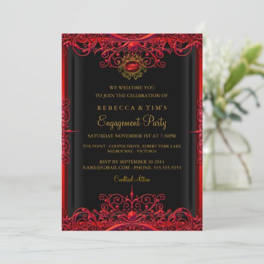 Elegant Red Damask Engagement Party Kaart (Staand voorkant)