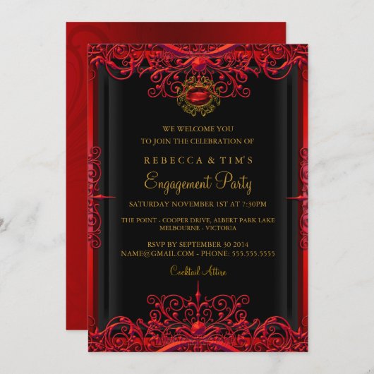 Elegant Red Damask Engagement Party Kaart (Voorkant / Achterkant)