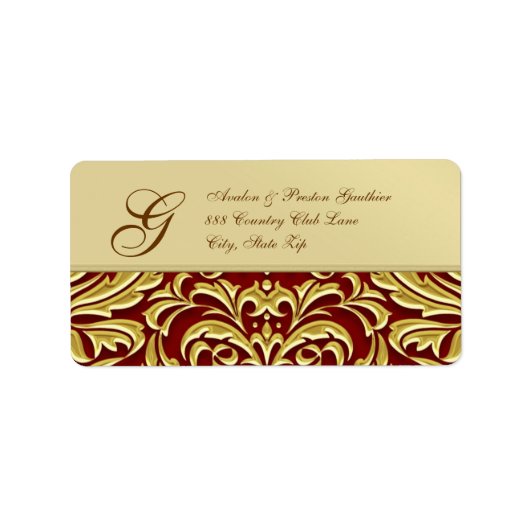 Elegant Red Damask Gold Metal Address Label (Voorkant)