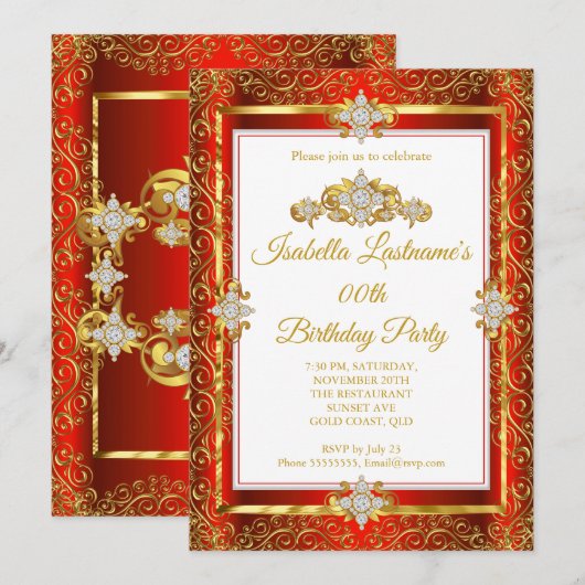 Elegant Red Damask Gold White Birthday Party Kaart (Voorkant / Achterkant)