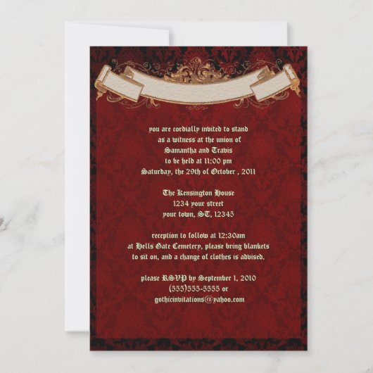 Elegant Red Damask Gothic Wedding Invitation Kaart (Voorkant)