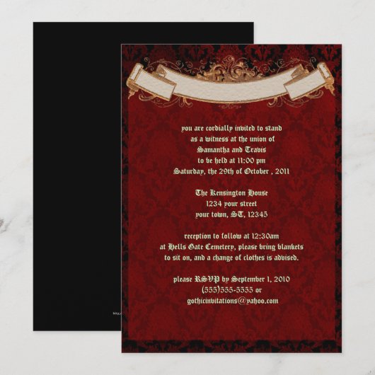 Elegant Red Damask Gothic Wedding Invitation Kaart (Voorkant / Achterkant)