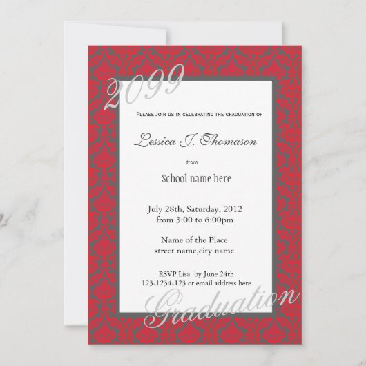 Elegant red damask graduparty kaart (Voorkant)