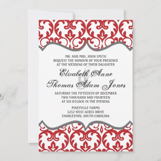 Elegant Red Damask Heart Wedding Invitation Kaart (Voorkant)