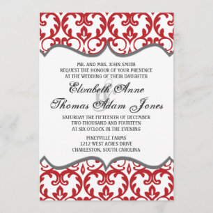 Elegant Red Damask Heart Wedding Invitation Kaart