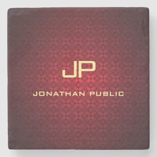 Elegant Red Damask Monogram Nostalgische Sjabloon Stenen Onderzetter (Voorkant)