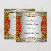Elegant Red Damask Silver Gold Birthday Party Kaart (Voorkant / Achterkant)