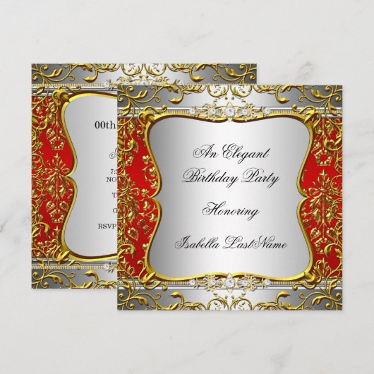 Elegant Red Damask Silver Gold Birthday Party Kaart (Voorkant / Achterkant)