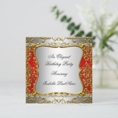 Elegant Red Damask Silver Gold Birthday Party Kaart (Staand voorkant)