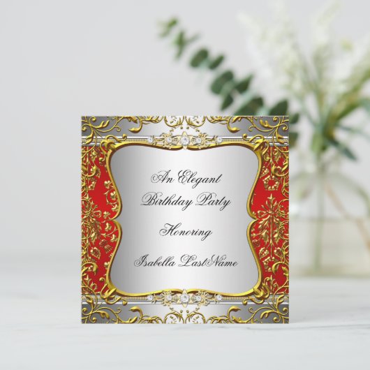 Elegant Red Damask Silver Gold Birthday Party Kaart (Staand voorkant)