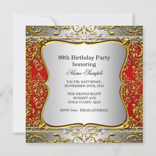 Elegant Red Damask Silver Gold Birthday Party Kaart (Achterkant)