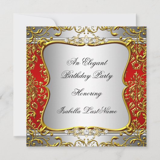 Elegant Red Damask Silver Gold Birthday Party Kaart (Voorkant)