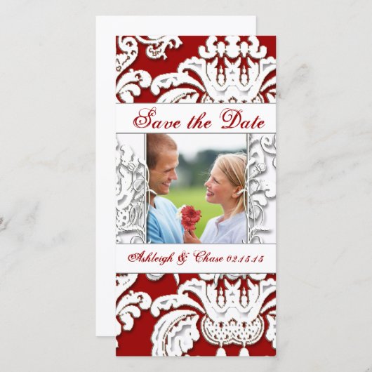 Elegant Red Damask slaat de datum opUw foto Save The Date (Voorkant / Achterkant)