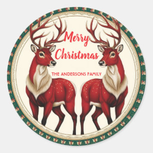 Elegant Red Deer Moose Gold Snow vrolijk kerstfees Ronde Sticker