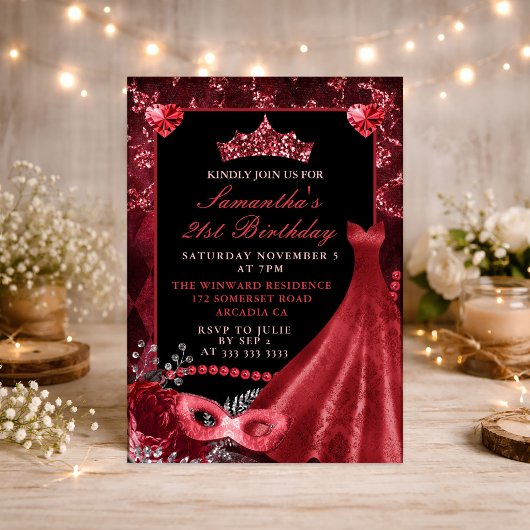 Elegant Red Dress Masquerade Birthday Kaart