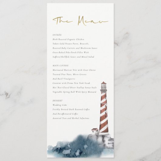 ELEGANT RED DUSKY BLUE LIGHTHOUSE ZEE WAVE WEDING MENU (Voorkant)