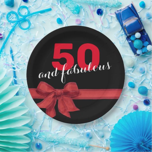 Elegant Red en Black 50th Birthday Party Papieren Bordje (Feest)