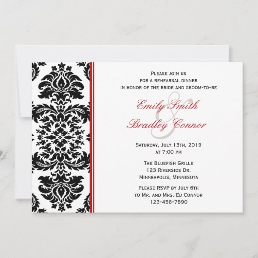 Elegant Red en Black Damask Rehearsal Dinner Kaart (Voorkant)