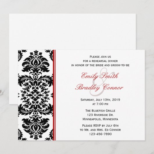 Elegant Red en Black Damask Rehearsal Dinner Kaart (Voorkant / Achterkant)